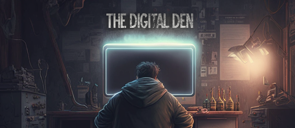 A man sitting inside a rusty shed at a desk with a big monitor with the letters ''The Digital Den'' above it.
